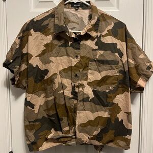 Madewell Short Sleeve Tie Front Boxy Shirt in Cottontail Camo Women Size L